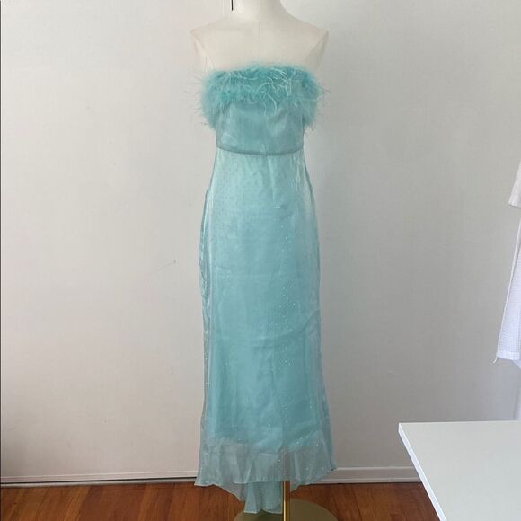 Vintage Turquoise Blue Formal Maxi Dress with Sparkles,Train, and Feathers - Picture 2 of 13